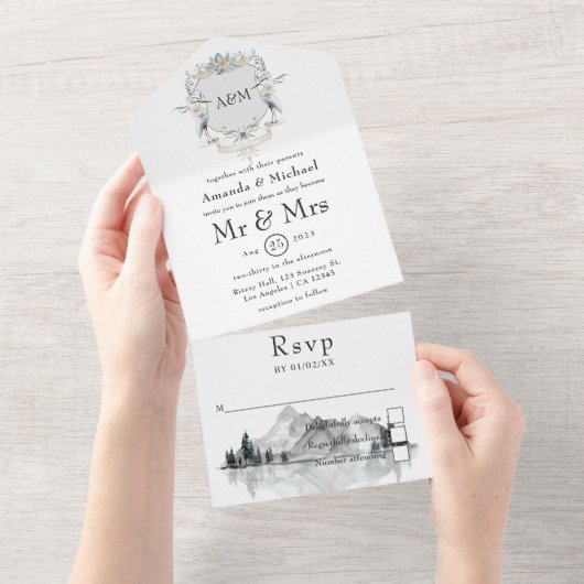 Lakeside Wedding Monogram Crest All In One Uitnodiging (Afscheurbaar)