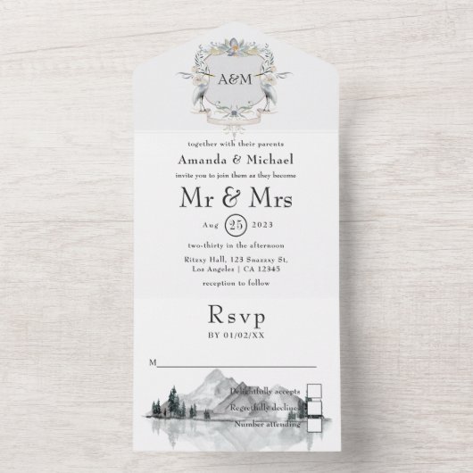 Lakeside Wedding Monogram Crest All In One Uitnodiging (Binnen)
