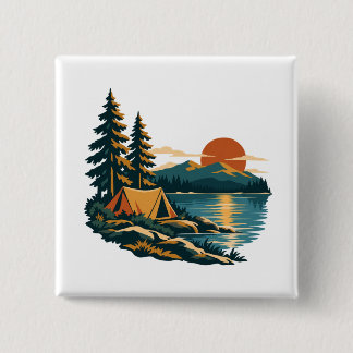 Lakeside Zonsondergang Tent en Pines Camping Vierkante Button 5,1 Cm