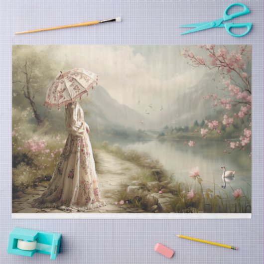 Lakeside, Zwaan, Elegante Dame, Bloemenlandschap Tissuepapier (Craft)