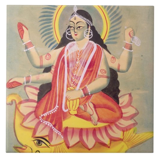 Laksmi, op een troon van lotusbladeren, c.1890 tegeltje (Voorkant)