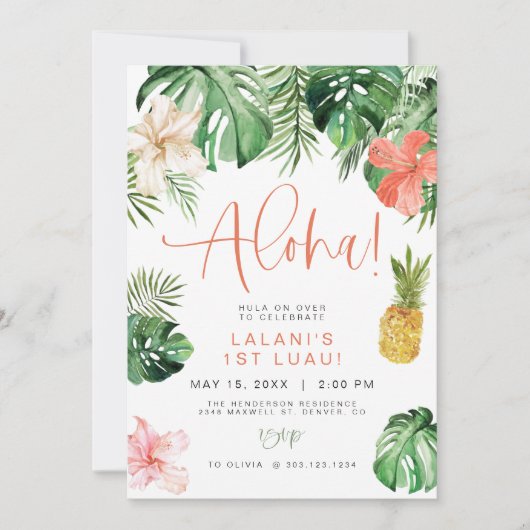 LALANI Tropisch Roze Hibiscus Luau 1ste verjaardag Kaart (Voorkant)