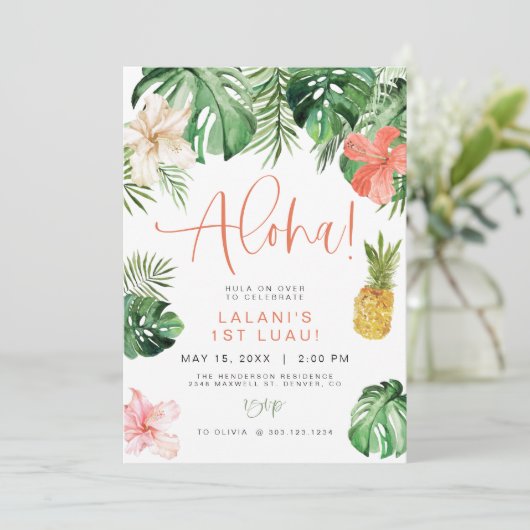 LALANI Tropisch Roze Hibiscus Luau 1ste verjaardag Kaart (Staand voorkant)