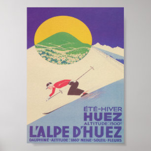 L'Alpe d'Huez France Retro  Ski Poster