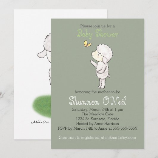 Lam Baby shower Uitnodiging Schattige Lam Christel (Voorkant / Achterkant)