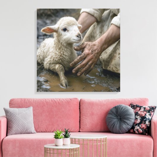 Lam in de modder gered door een herder canvas afdruk (Insitu (Woonkamer))