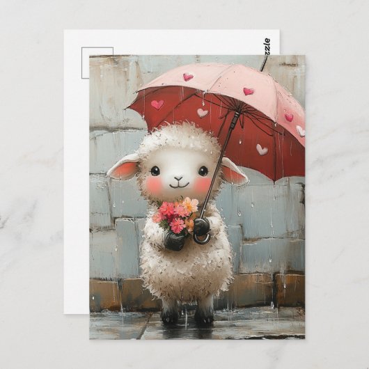 Lam met bloemen en paraplu briefkaart (Voorkant / Achterkant)