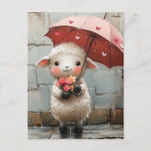 Lam met bloemen en paraplu briefkaart (Voorkant)