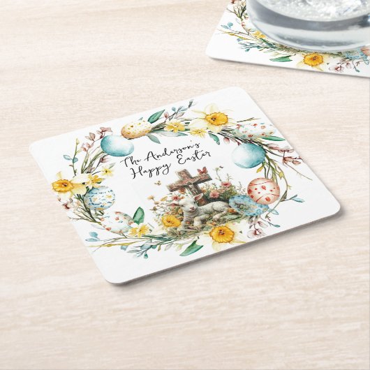 Lam met een kruis I eieren en bloemenPasen Kartonnen Onderzetters (Schuin)