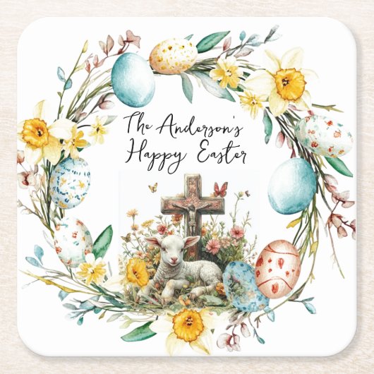 Lam met een kruis I eieren en bloemenPasen Kartonnen Onderzetters (Voorkant)