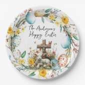 Lam met een kruis I eieren en bloemenPasen Papieren Bordje (Voorkant)