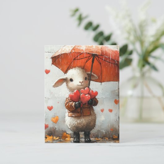Lam met hart en paraplu briefkaart (Staand voorkant)