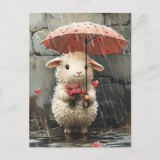 Lam met harten, Rozen en paraplu Briefkaart (Voorkant)