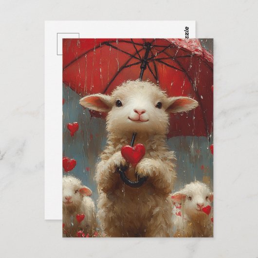 Lam met paraplu in de regen met een hart briefkaart (Voorkant / Achterkant)