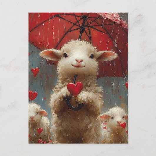 Lam met paraplu in de regen met een hart briefkaart (Voorkant)