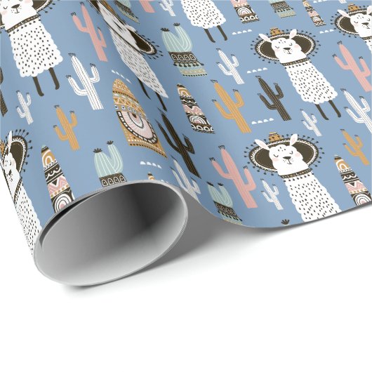 Lama, Cactus, Handgetekende Elementenpatroon. Cadeaupapier (Rol Hoek)