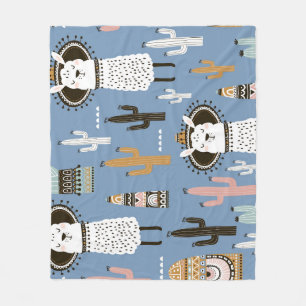 Lama, Cactus, Handgetekende Elementenpatroon. Fleece Deken