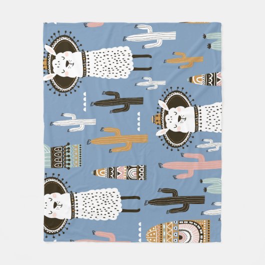 Lama, Cactus, Handgetekende Elementenpatroon. Fleece Deken (Voorkant)