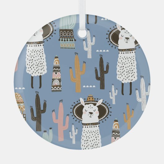 Lama, Cactus, Handgetekende Elementenpatroon. Glas Ornament (Voorkant)
