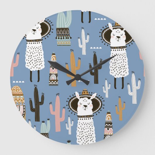 Lama, Cactus, Handgetekende Elementenpatroon. Grote Klok (Voorkant)