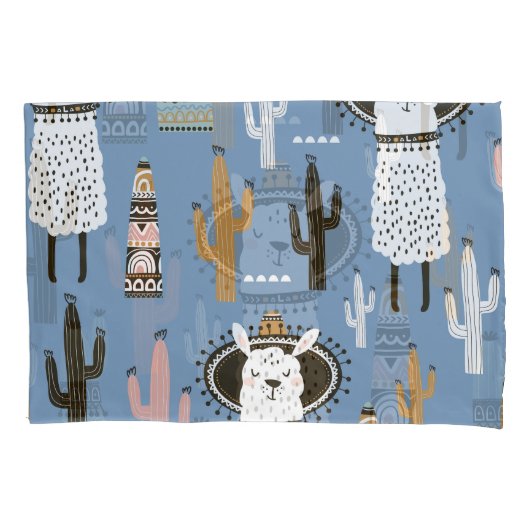 Lama, Cactus, Handgetekende Elementenpatroon. Kussensloop (Voorkant)