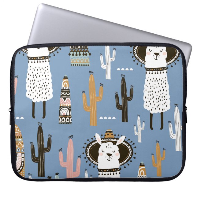 Lama, Cactus, Handgetekende Elementenpatroon. Laptop Sleeve (Voorkant)