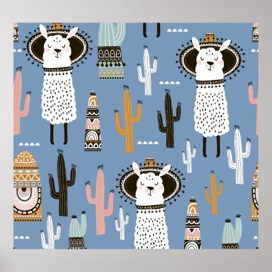 Lama, Cactus, Handgetekende Elementenpatroon. Poster (Voorkant)