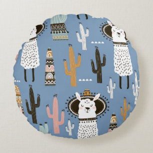 Lama, Cactus, Handgetekende Elementenpatroon. Rond Kussen