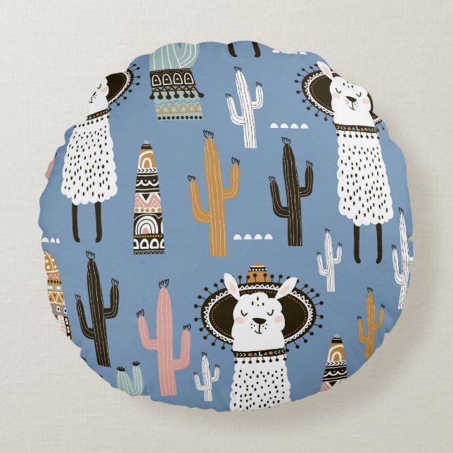 Lama, Cactus, Handgetekende Elementenpatroon. Rond Kussen (Voorkant)