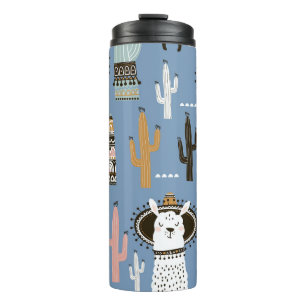Lama, Cactus, Handgetekende Elementenpatroon. Thermosbeker