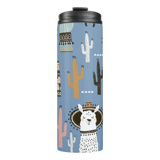 Lama, Cactus, Handgetekende Elementenpatroon. Thermosbeker (Voorkant)