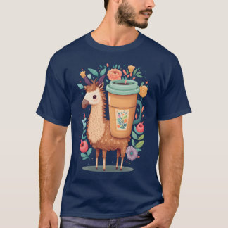 Lama Coffee Kawaii Anime Bloemige vrienden T-shirt