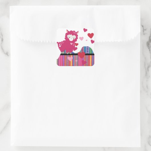 Lama en harten vierkante sticker (Tas)