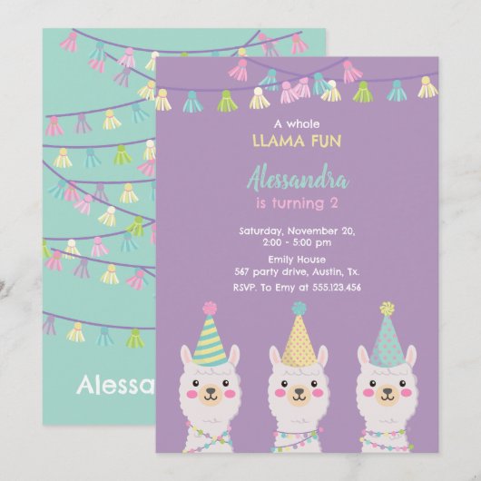 Lama feestuitnodiging kaart (Voorkant / Achterkant)