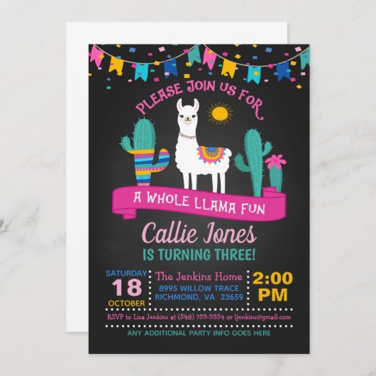 Lama Fiesta Birthday Uitnodiging (Voorkant / Achterkant)