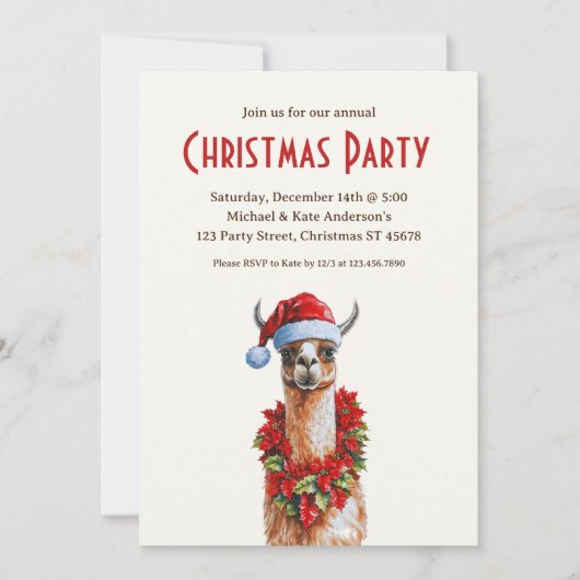 Lama in een kerstmuts Poinsettias kerstfeest Kaart (Voorkant)