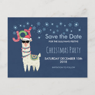 Lama in Santa Hat met sneeuwvlokken Save the Date Briefkaart