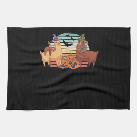 lama | Kawaii Llama Halloween Zonsondergang Sloth Theedoek (Horizontaal)