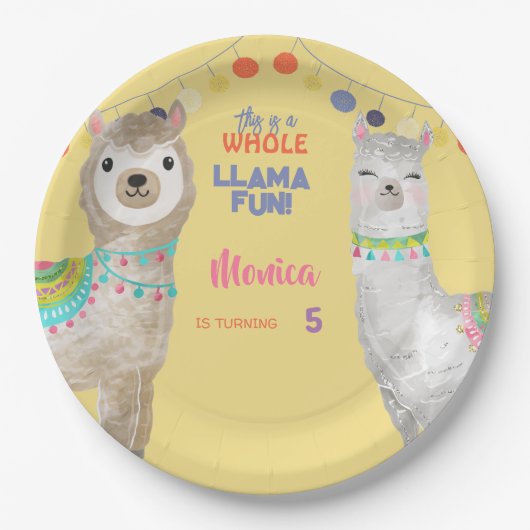 Lama leuke, kleurrijke kinderen verjaardag in geel papieren bordje (Voorkant)