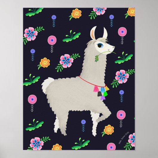 Lama met bloemen Art Print (Voorkant)
