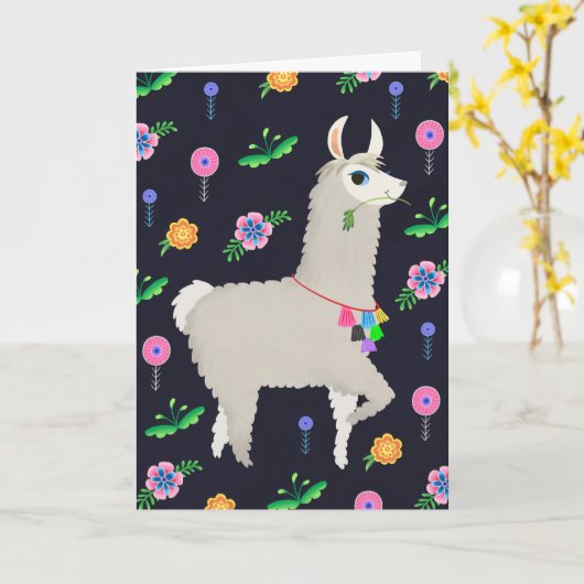 Lama met bloemen Verjaardag Kaart (Gele Bloem)