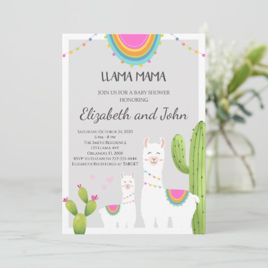 Lama met Cactus Baby shower Invitation Kaart (Staand voorkant)