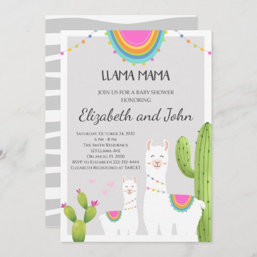 Lama met Cactus Baby shower Invitation Kaart (Voorkant / Achterkant)