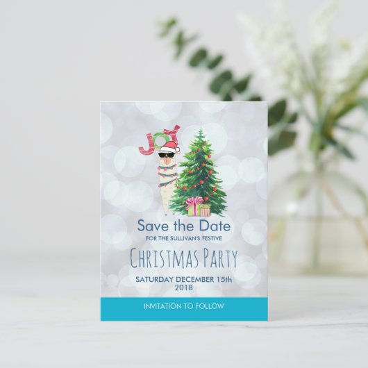 Lama op Silver Bokeh & Icy Blue Bewaar de datum Briefkaart (Staand voorkant)