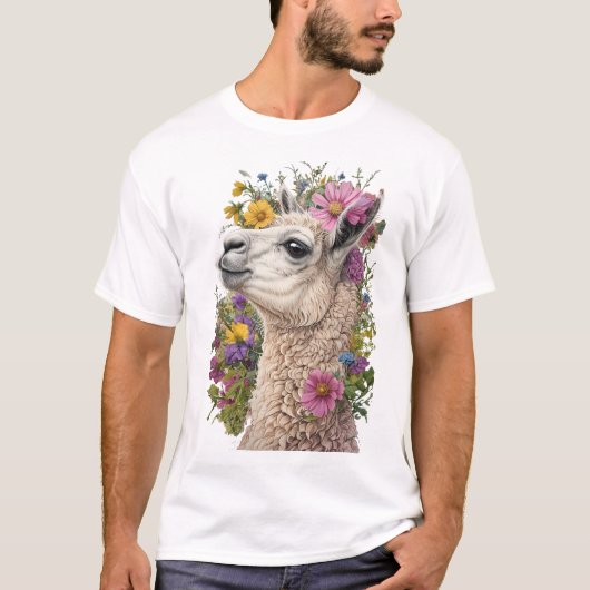 Lama zijprofiel met levendige bloemen t-shirt (Voorkant)