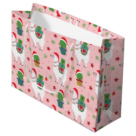 Lamas en cactussen kerstpatroon groot cadeauzakje (Voorkant Gekanteld)