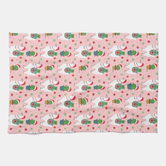 Lamas en cactussen kerstpatroon theedoek (Horizontaal)