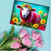 Lamb Animal Cute Bright Flowers Roze kleurig