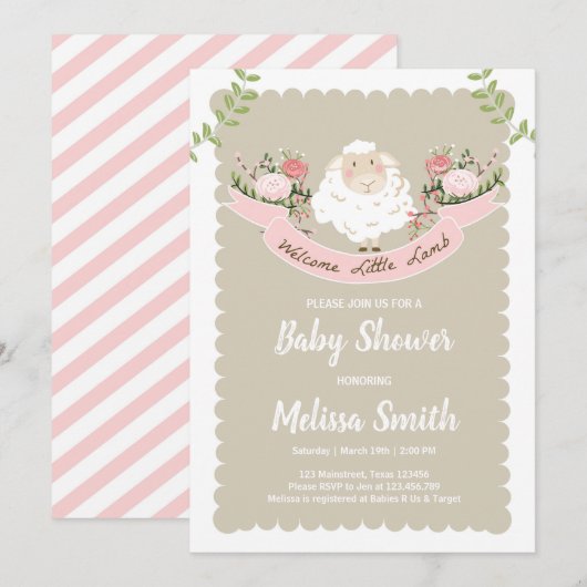 Lamb Baby shower Invitation Girl Pink Spring Kaart (Voorkant / Achterkant)