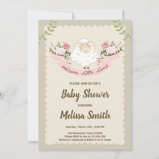 Lamb Baby shower Invitation Girl Pink Spring Kaart (Voorkant)